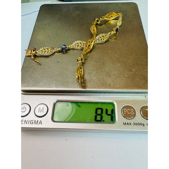 Estate 925 Gold Vermeil Blue Sapphire Tennis Bracelet 7” Two-Tone 8.4g - Picture 9 of 9